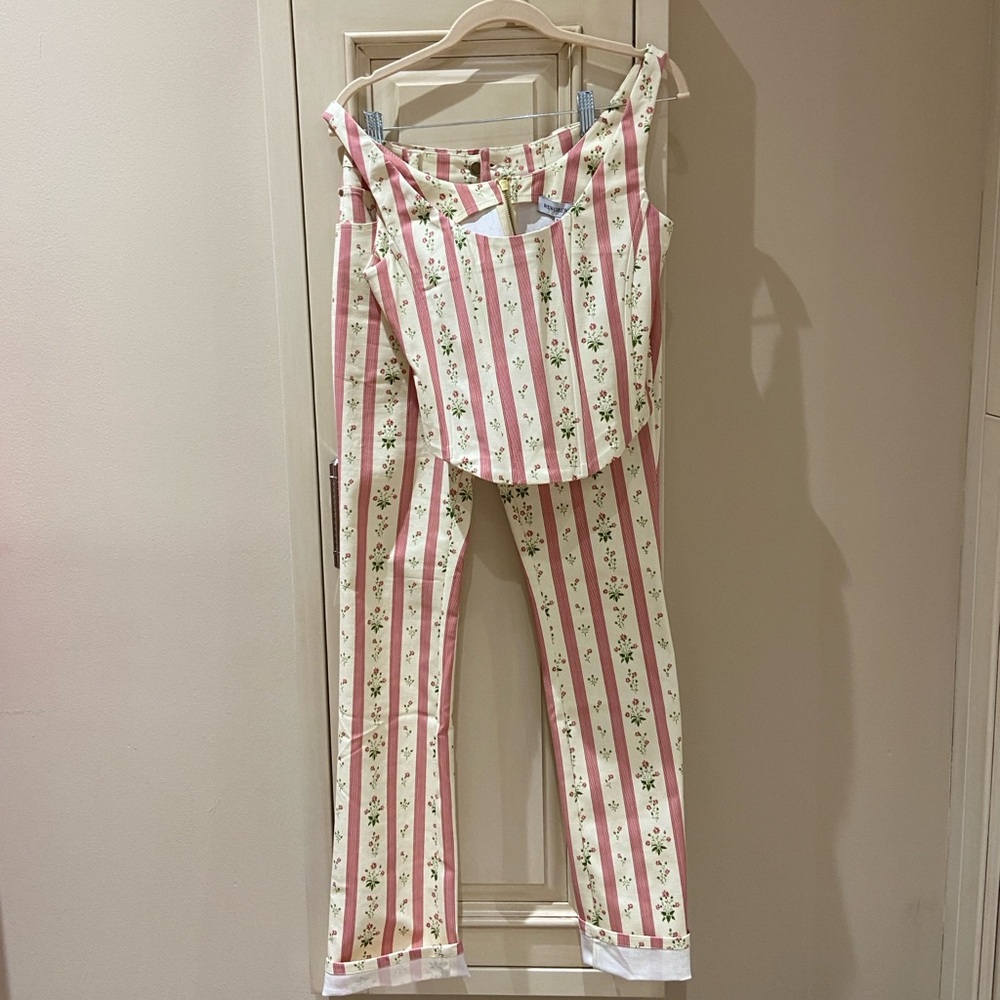 We wore what Lemon Icing print Striped Pink and Cream Floral Set corset top BNWT - Picture 2 of 16